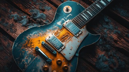 Worn electric guitar on rustic wooden planks