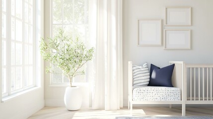 Modern nursery room with a large window on the left side. the window has white curtains and is letting in natural light.
