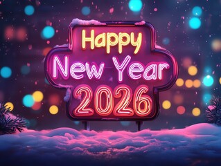 A dynamic neon sign displaying Happy New Year