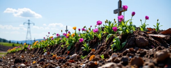 a memorial garden planted on an old landfill, with flowers growing through layers of buried waste.