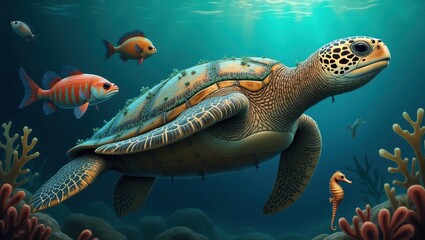 Fototapeta premium Majestic Sea Turtle Underwater Scene with Colorful Fish and Seahorse