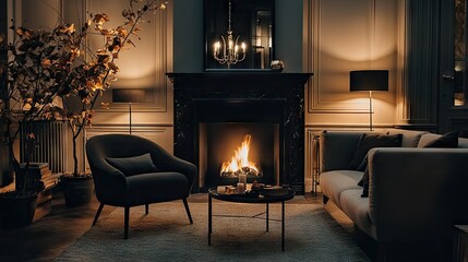 Fototapeta premium A cozy living room with a fireplace and inviting furniture