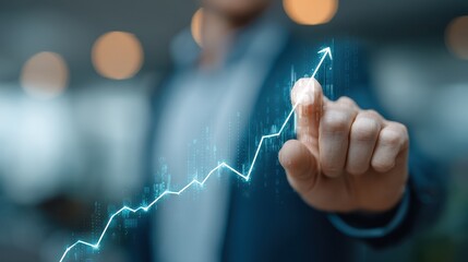Business professional using digital touch interface for growth analysis with upward trend and data visualization in modern office environment