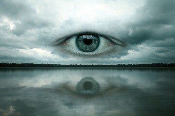 A large eye positioned over a serene lake reflecting the sky.
