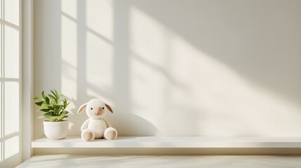 Corner of a room with a white wall and a large window on the left side. on the right side of the image, there is a white shelf with a small potted plant on it.