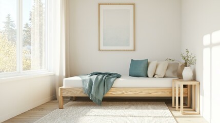 Modern and minimalistic bedroom with a large window on the left side. the window has white curtains that let in natural light and offers a view of trees and greenery outside.