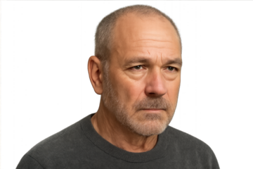 Man with beard and grey shirt isolated on transparent background.