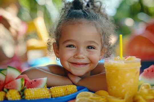 Joyful child enjoys summer snack spread