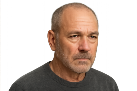 Man with beard and grey shirt isolated on transparent background.