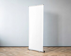 Blank roll up banner stand mockup for presentation in an indoor space with wooden floor and gray wall
