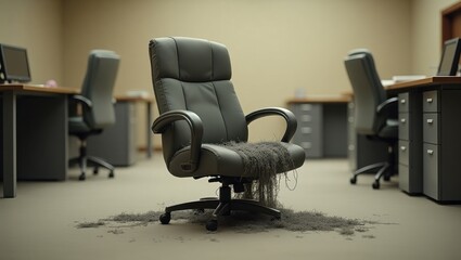 Office Chair Covered in Fabric Shreds Messy Workplace Damaged Furniture Upholstery Debris