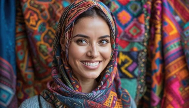 Smiling Woman in Headscarf: A woman with a radiant smile and headscarf stands amidst a vibrant display of colorful fabrics, celebrating cultural pride and beauty.