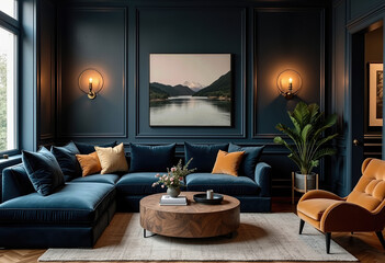 Sophisticated moody lounge space with abstract art, plush velvet seating, and layered lighting on rich navy blue walls
