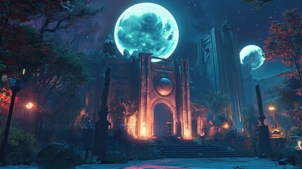 Ancient stone structure, moonlit night, overgrown foliage.