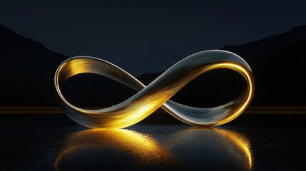 An illuminated infinity symbol reflected on a liquid surface