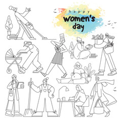 Happy Womens day concept vector Illustration. Womens day set with isolated human characters of Womens line art icon vector set. Flat vector cartoon characters isolated on white background.
