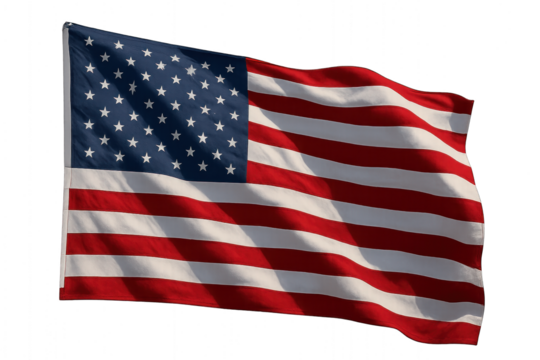 A flag blowing in the wind with vibrant colors and gentle ripples, isolated on transparent background.