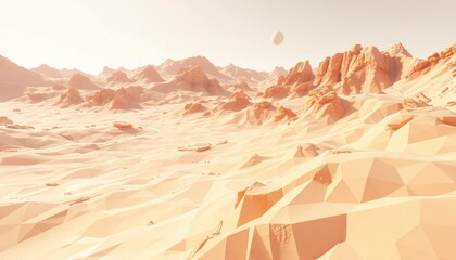 Low-poly mars landscape, desert planet with canyons and warm lighting