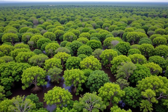 a lush mangrove forest protecting a coastal village from rising sea levels and storms.