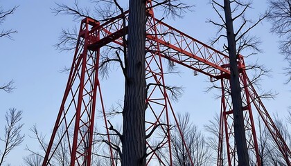 Red metal structure entwined with trees silhouetted against a clear blue sky