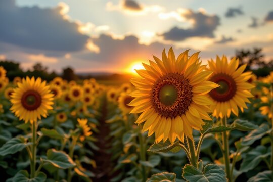 a sunset over a field of sunflowers turning toward the last rays of light, symbolizing renewable hope.