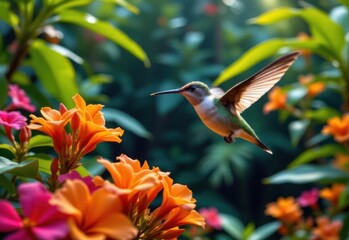 Fototapeta premium a close up of a hummingbird hovering over bright tropical flowers in a flourishing rainforest canopy.