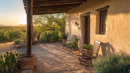Rustic Southwestern Adobe House at Sunset