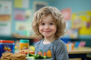 Smiling child at lunch joyfully eating