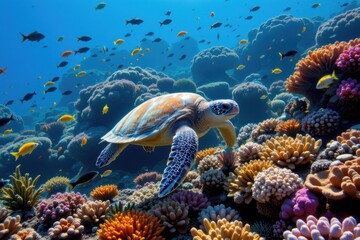 a sea turtle swimming gracefully through a vibrant coral reef teeming with colorful fish and swaying seaweed.