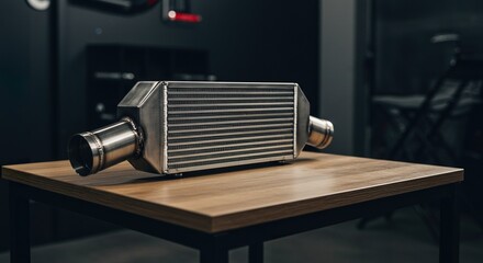 Exposed intercooler unit resting on dark wooden table, automotive performance upgrade