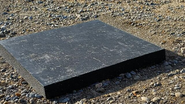A flat black stone resting on gravel, showcasing natural textures.