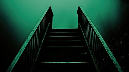 A dark and foreboding staircase ascends into an eerie environment