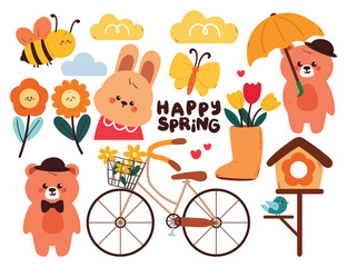 hand drawing cartoon spring sticker set with bunny, bear and spring stuff. cute sticker for spring season, doodle set