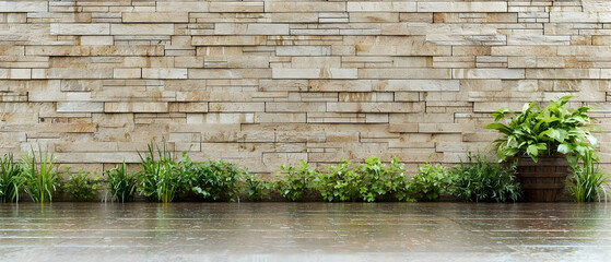 Beige Stone Wall With Plants After Rain