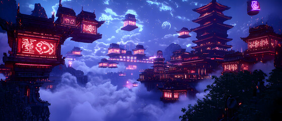 Floating City At Night With Glowing Red And Purple Structures