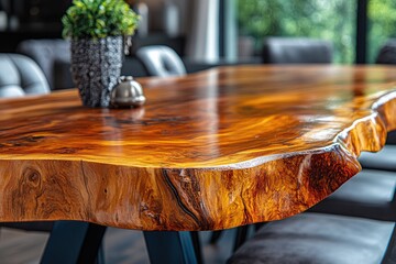 Fototapeta premium A large, polished wooden dining table with a unique edge.