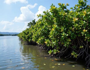 a dense mangrove forest protecting a coastal village from storm surges and providing habitat for wildlife.