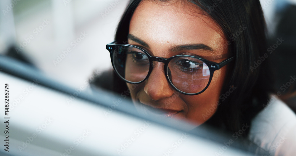 Aufkleber Woman, programmer or coding with glasses on computer for software development or web design at office. Female person, coder or developer with technology for AI, programming or UI testing at workplace