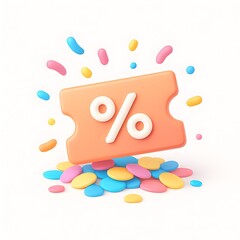 Naklejka premium 3D orange discount ticket on colorful candy confetti background representing festive promotional offers or coupon concept 
