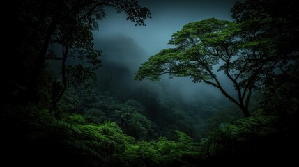 Obraz premium A lush green forest shrouded in morning fog and mist