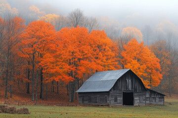 Old barn in autumn, surrounded by colorful trees.