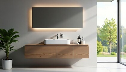 Modern floating vanity, sleek lines, minimalist design, faucet, wall, modern