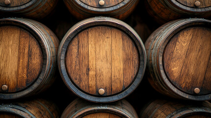Background of stacked brown wooden wine and beer barrels.