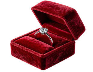 Red Velvet Ring Box with Diamond Engagement Ring, Isolated on Transparent PNG