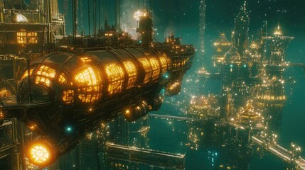 Obraz premium Illuminated futuristic airship above glowing city.