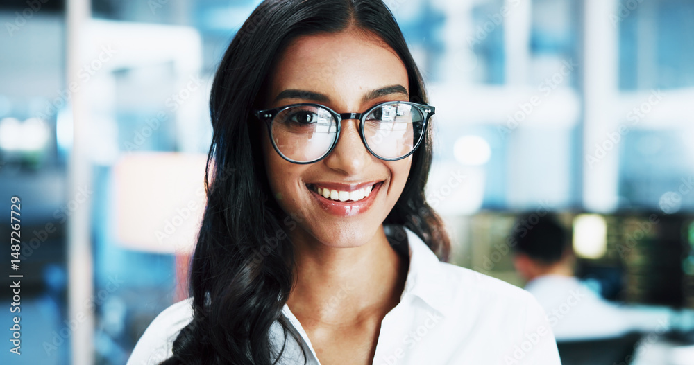 Poster Web developer, smile and portrait of woman in office for software system or website update. Night, happy designer or female backend engineer with confidence for company development in workplace