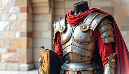 Naklejka premium Roman legionary armor displayed on mannequin with red cape 