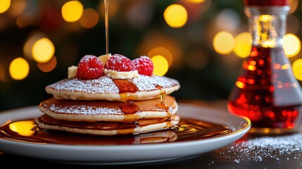 Delicious pancakes are being drizzled with sweet maple syrup