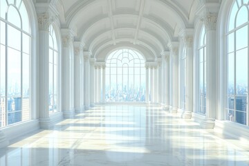 Serene White Palace Hallway with City View