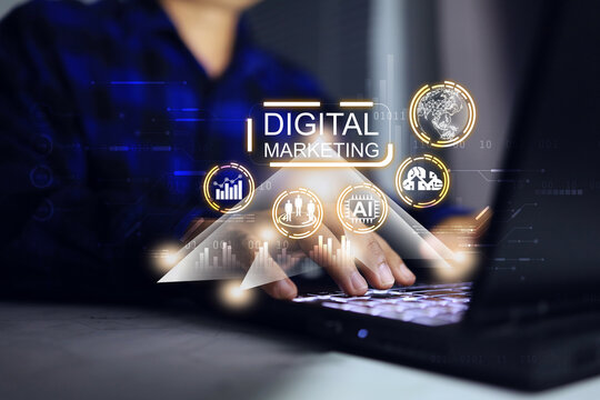 Digital marketing concept with businessman working on laptop to planning and market data analysis for customer segment target promotion offer - Powered by Adobe